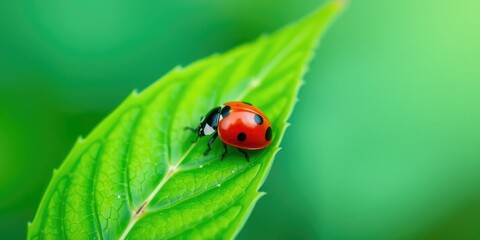 Fototapeta premium A lone ladybird rests upon a vibrant green leaf, its red shell a striking contrast against the soothing colors of nature, insect, garden