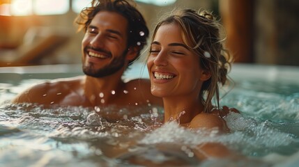 Obraz premium Young Couple Relaxing in Hot Tub at Spa Center