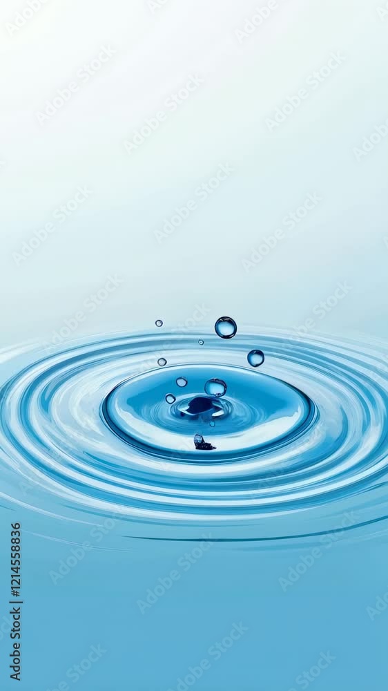 Poster Concentric ripples expanding on a vibrant blue water surface after a drop impact, creating a mesmerizing visual effect with splashing droplets