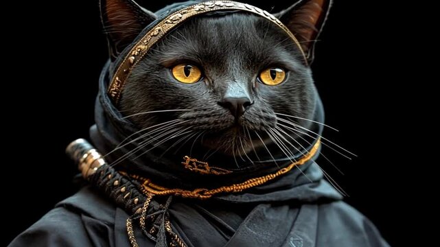 A black cat dressed as a ninja, exuding a mysterious and playful vibe.