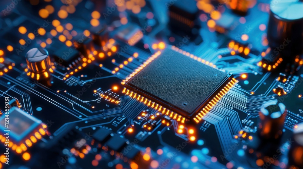 Poster detailed view of intricate circuit board with microchips and futuristic electronic components