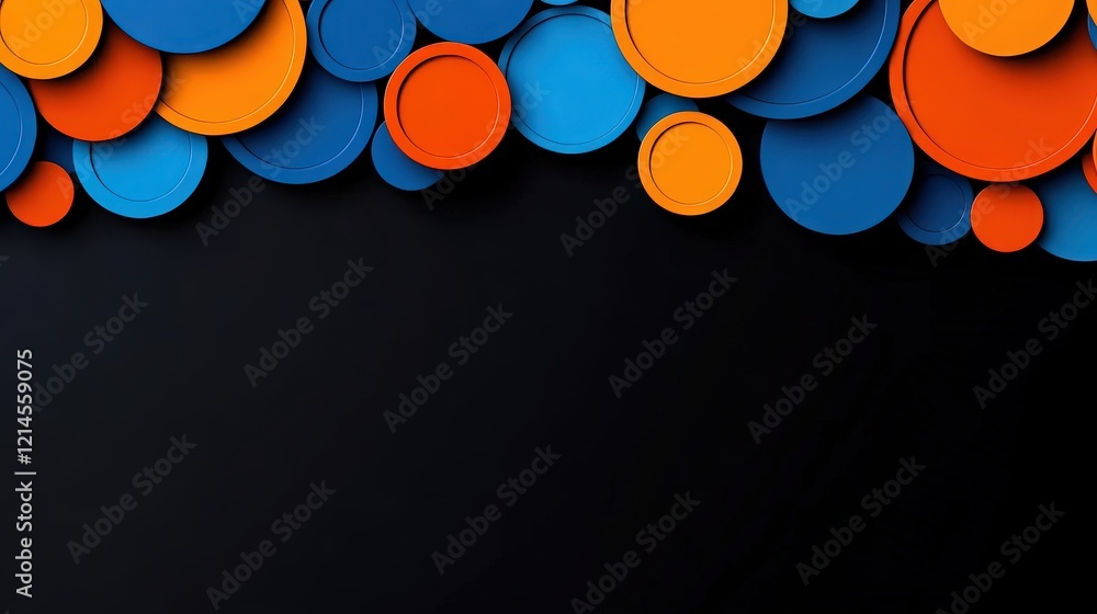 Poster abstract colorful circles on black: a vibrant arrangement of overlapping blue and orange circles cre
