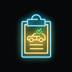 Glowing neon icon representing a car checkup with a clipboard and a check mark, symbolizing successful car maintenance