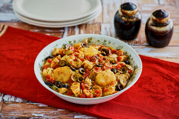 scallop and chicken pasta with garlic, tomatoes and black olives served in a white bowl