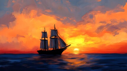 Fototapeta premium Sunset Sailboat Painting Ocean Sunset Dramatic Sky Seascape Art