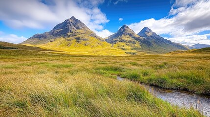 Fototapeta premium Scottish Highlands mountains, valley stream, sunny day, travel poster