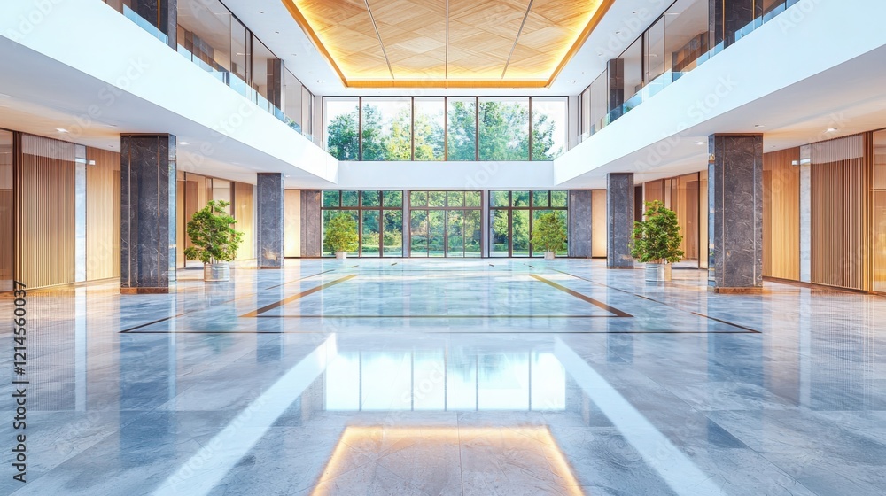 Poster symmetrical architecture in a contemporary lobby bright studio illumination eye-level shot modern de