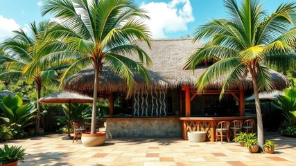 A lush tropical patio oasis featuring a thatched roof tiki bar with swaying palm trees and a sparkling water feature in the background, lush greenery, tiki bar, outdoor decor