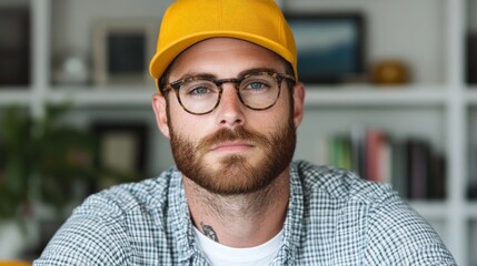 Focused Gaze: A handsome young man with a beard, glasses, and a yellow cap stares intently into the camera, conveying confidence and a sense of determination.