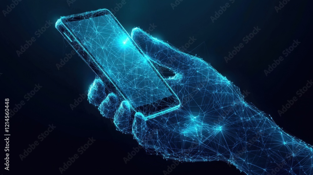 Poster hand holding a smartphone with a network of connected lines representing digital communication and c