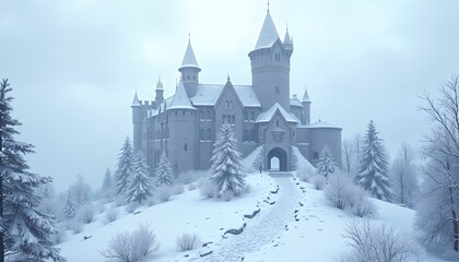 Winter Wonderland Castle Snow Scene Peaceful Landscape
