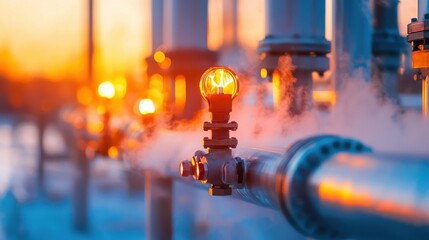 Fototapeta premium Closeup View of Metallic Pipeline Valves and Fittings at Sunset with Warm Glow