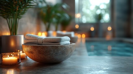 Serene Spa Setting Folded Towels in Stone Bowl near Pool and Candles