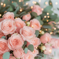 Fototapeta premium A bouquet of pink roses wrapped with warm fairy lights