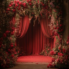 A luxurious red stage curtain surrounded by vibrant flowers. Perfect for theatrical designs, wedding decor, and elegant visuals.