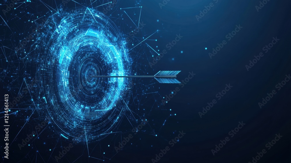 Poster blue arrow pointing with a network of connected lines and dots representing data and technology conc