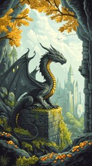 Obraz premium Black Dragon Overlooks Distant Fairytale Castle