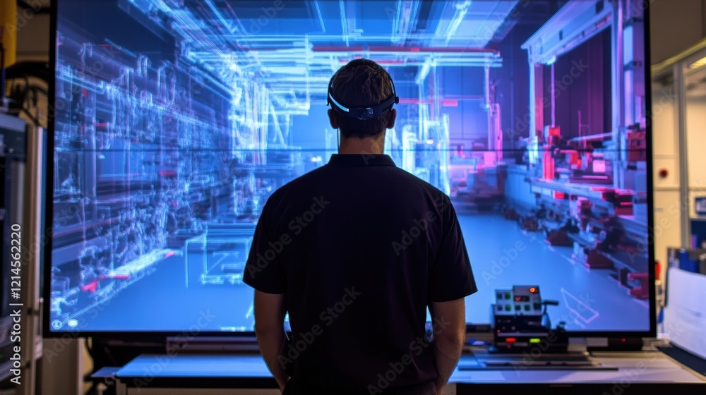 Poster engineer wearing an augmented reality headset is analyzing data projected on a large screen, showcas