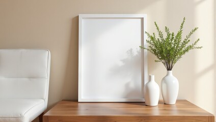 A pristine white poster frame sits atop a rich brown wooden table. Centered perfectly, its shadow gently graces the adjacent wall