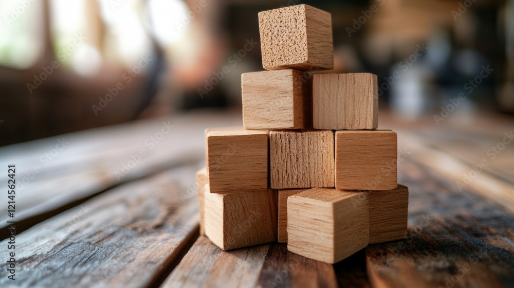 Poster stack of wooden blocks arranged neatly on a wooden table in a well-lit environment