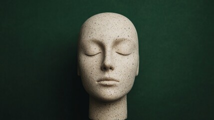 Serene Mannequin Head: A close-up shot of a serene mannequin head with closed eyes against a deep green background. The image evokes a sense of calm and contemplation. 