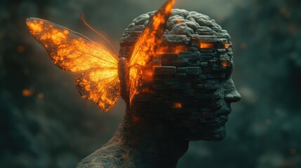 Fiery butterfly head sculpture, dark background, art