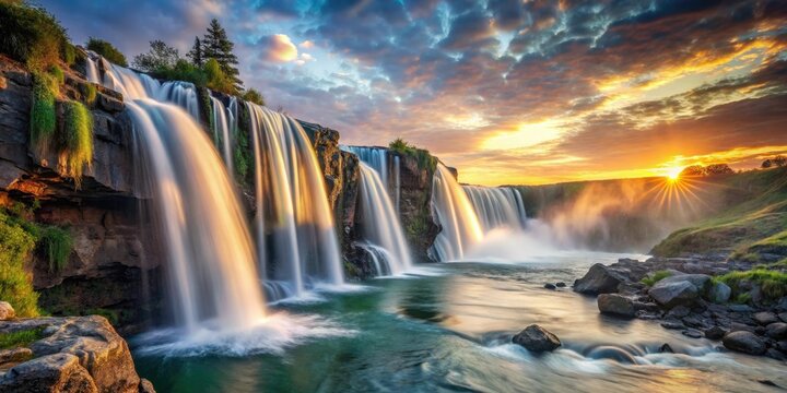 A majestic waterfall cascading down a rocky cliffside at sunset, sunset, nature, landscape, scenery