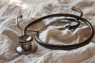 Detailed shot of stethoscope coiled neatly on white fabric conveys sense of medical precision and care