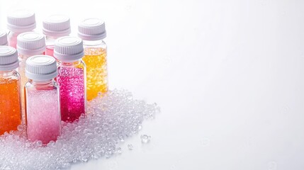 Colorful vials of beads on white background, product photography for website or packaging