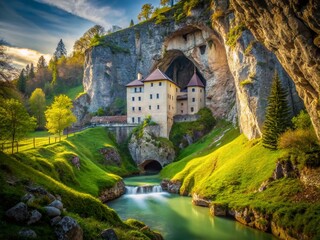 Naklejka premium Predjama Castle Slovenia Springtime Long Exposure Photography - Majestic Cave Entrance