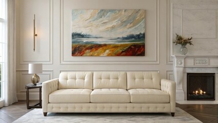 A minimalist arrangement showcases a plush creamcolored sofa facing the oversized canvas that looms above the mantelpiece. The artworks bold brushstrokes and dynamic forms create
