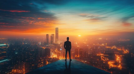 Fototapeta premium Man silhouette cityscape sunrise success ambition