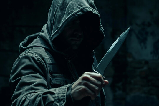 Dark and Sinister Depiction of a Hooded Figure Wielding a Knife in an Ominous Setting Generative AI - Powered by Adobe