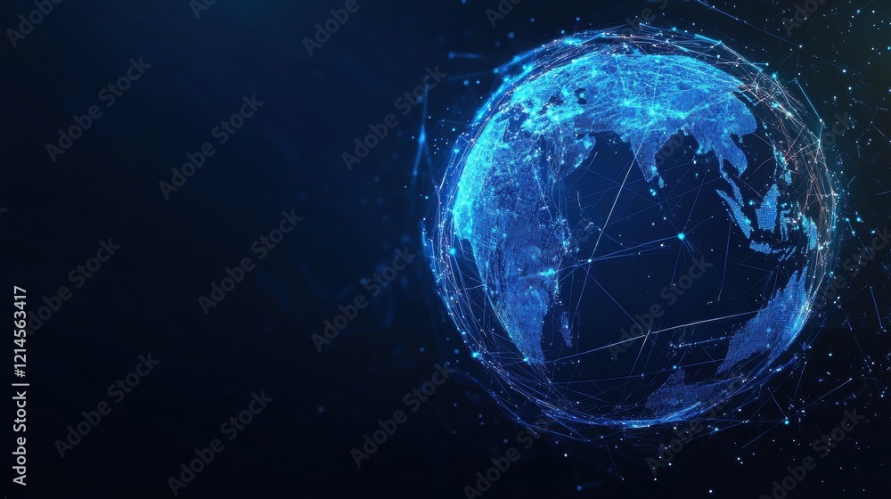 Poster globe with a network of connected lines and dots representing global communication and connectivity