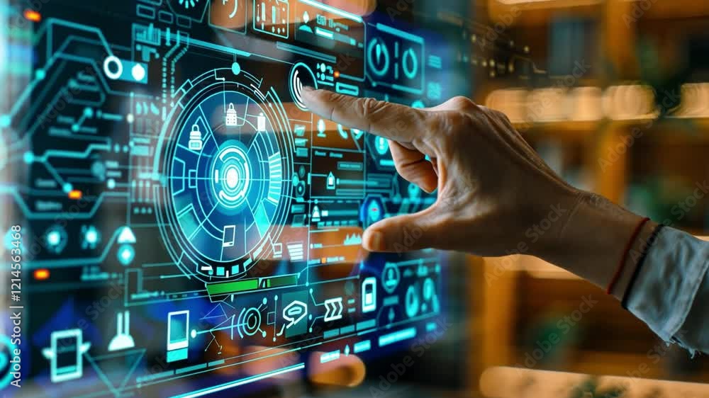 Poster A hand reaches out to engage with a vibrant touchscreen displaying complex digital data and analytics in a contemporary office environment. The atmosphere feels innovative and dynamic.