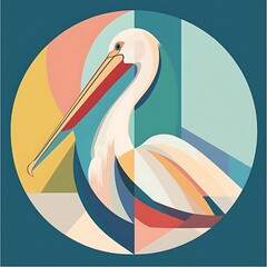 Colorful pelican portrait, geometric design, artistic style, print