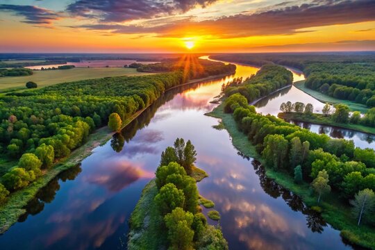 Pripyat River, Polesie Region, Ukraine: Early Morning Aerial View - July 2019
