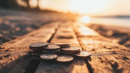 Sunset coins on beach wood.