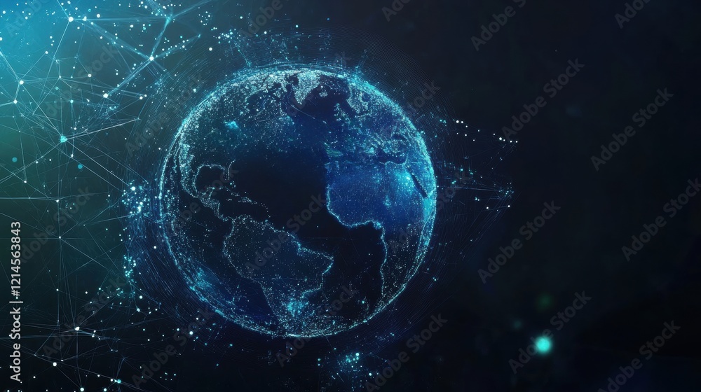 Poster globe with network connections and dots representing global communication and interconnectedness
