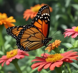 A monarch butterfly sips nectar from a zinnia flower in a serene and peaceful summer garden, outdoor, garden, summer garden