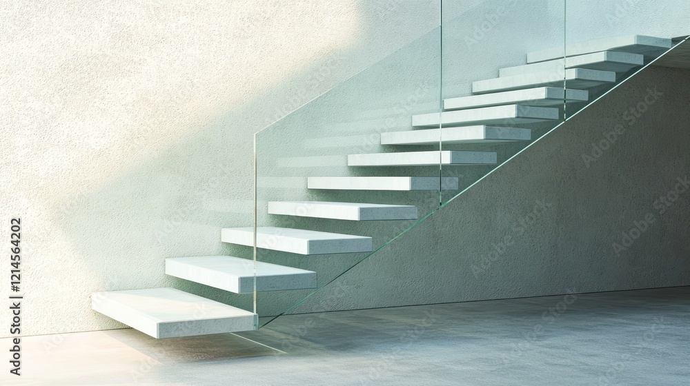 Poster a staircase with floating steps and transparent glass railings, adding a sleek and unique architectu