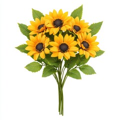Obraz premium Bright Sunflower Bouquet with Green Leaves on White Background