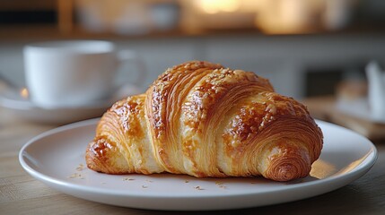 Delicious Golden Brown Croissant on Plate Bakery Breakfast Food Photography