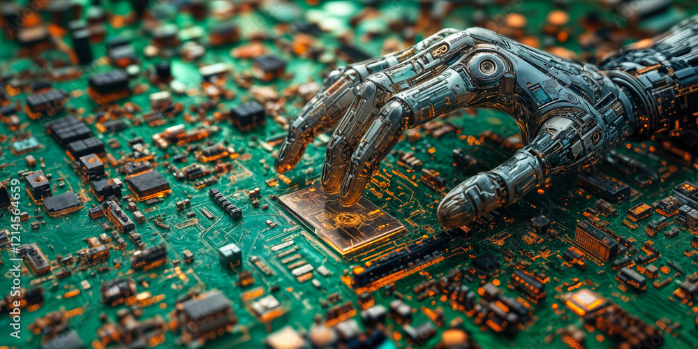 Poster robotic hand interacting with circuit board illustrating ai in consumer electronics evolution