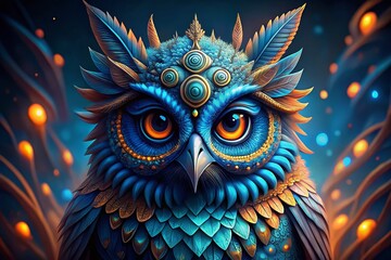 Psychedelic Blue Owl Tribal Art Bokeh Background - Mystical Bird Stock Photo