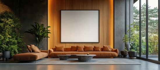 **  .Modern Living Room Interior with Large Sofa and Blank Canvas in Stylish Home Featuring Natural Light and Indoor Plants..**
