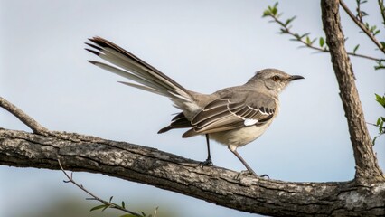 Fototapeta premium A northern mockingbird perched on a thick branch with its tail feathers ruffled creating a sense of movement, birdsong, tree, northern mockingbird, wildlife
