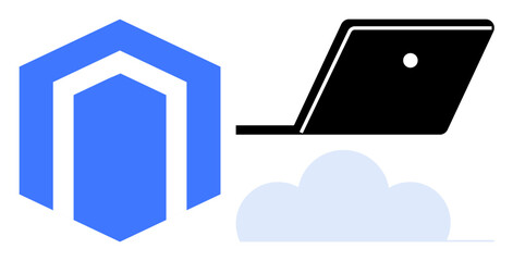 Blue hexagonal shield, emphasizing cybersecurity, black laptop partly covers soft cloud below, symbolizing remote work, data storage. Ideal for tech solutions, data security, cloud computing, online