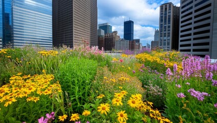 Urban Rooftop Garden with City Skyline in Boston