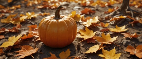 A patch of amber-colored leaves frames a single, small pumpkin , outdoor scene, amber leaves, autumn colors